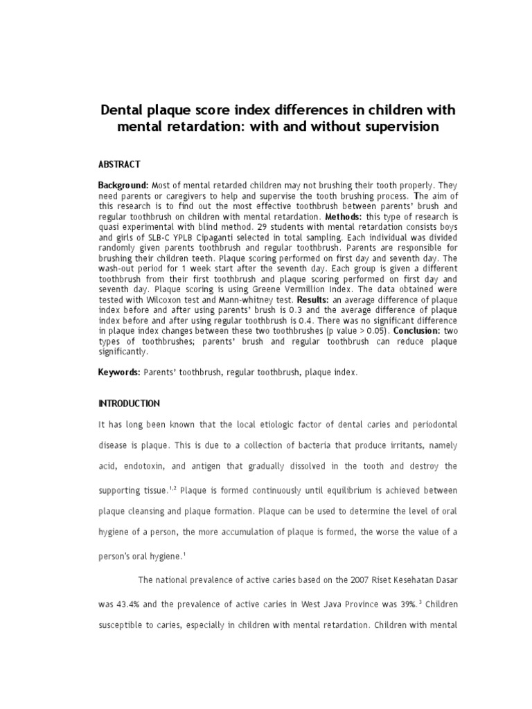 Dental Plaque Score Index Differences in Children With Mental
