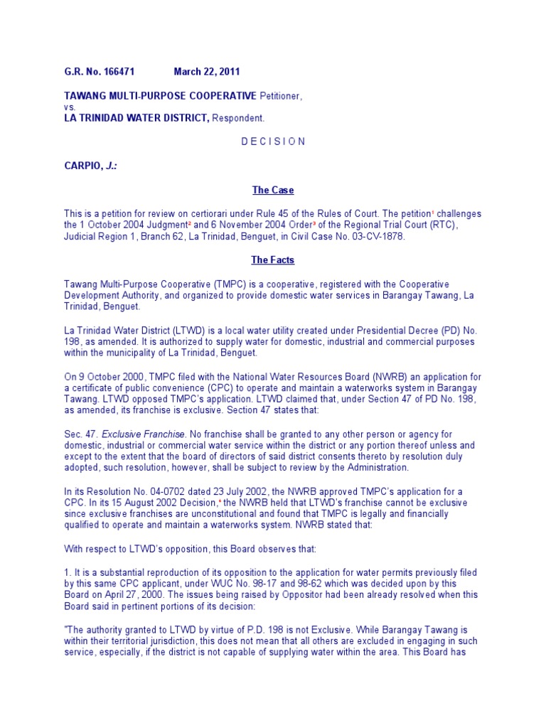 Tawang Multi Purpose Coop v. La Trinidad Water District PDF