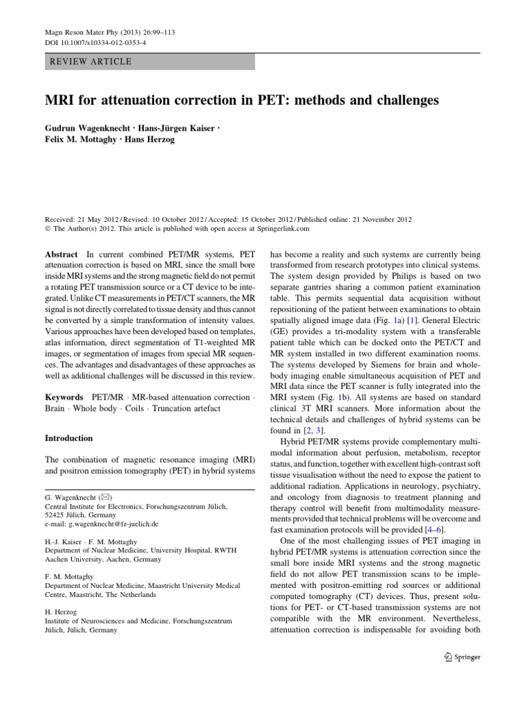 MRI For Attenuation Correction in PET: Methods and Challenges | PDF ...