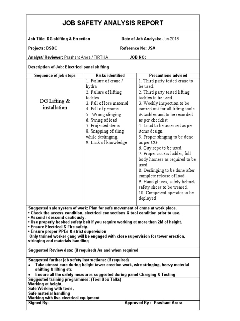 Job Safety Analysis for DG Shifting | PDF | Crane (Machine) | Safety