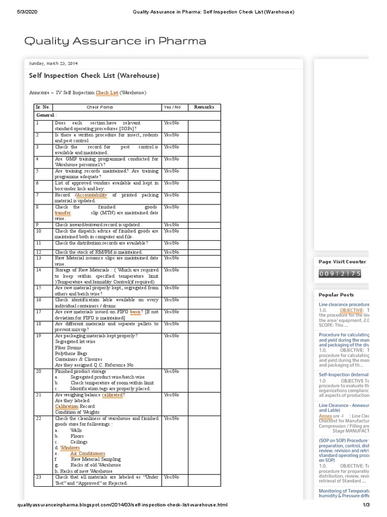 Warehouse Self-Inspection Checklist | PDF | Warehouse | Quality Assurance