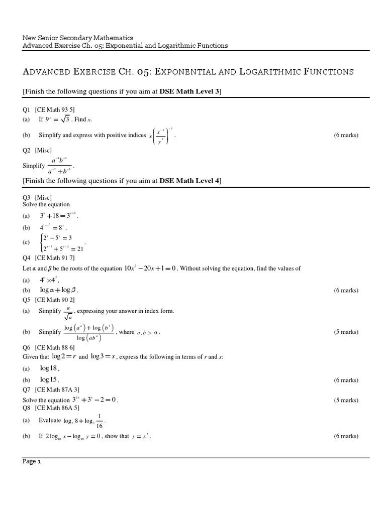 DSE Logarithmic and Exponential Exercises | PDF | Logarithm ...