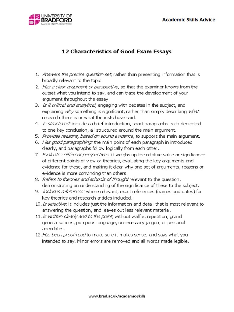 12 Characteristics of Good Exam Essays: WWW - Brad.ac - Uk/academic ...