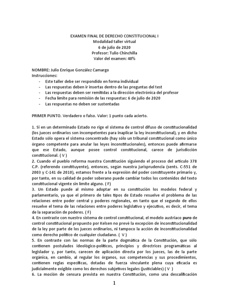 Examen Final Derecho Constitucional I | PDF | Parlamento | Constitución