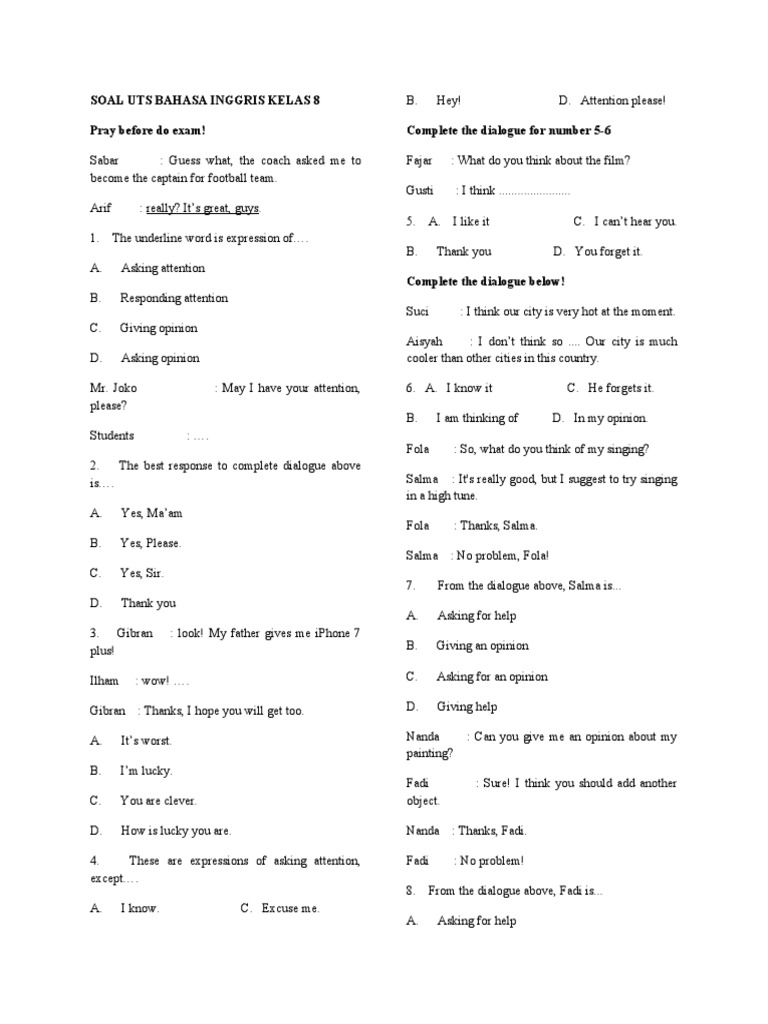 Soal Uts Bahasa Inggris Kelas 8 Pdf