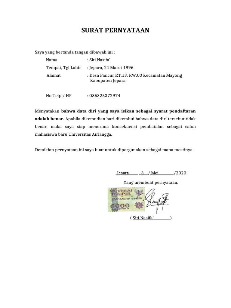 Surat Pernyataan Kebenaran Biodata Unair Pdf