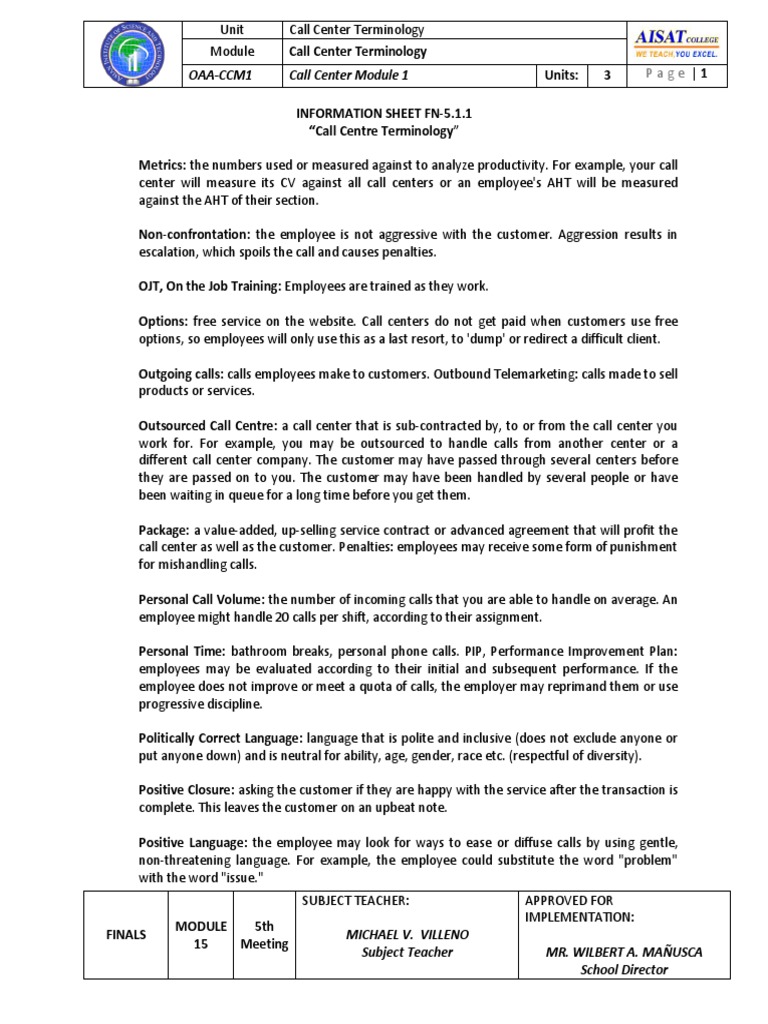 Oaa-Ccm1 Call Center Module 1 | PDF | Call Centre | Communication