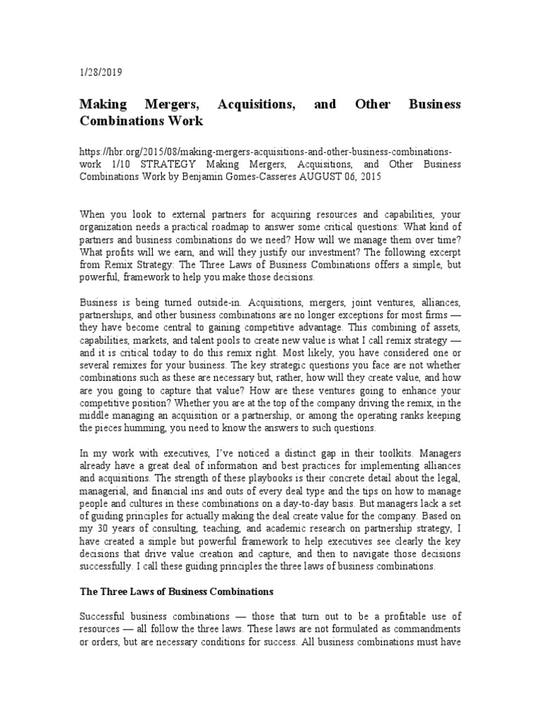 Making Mergers Acquisistions and Other Business Combinations Work | PDF ...