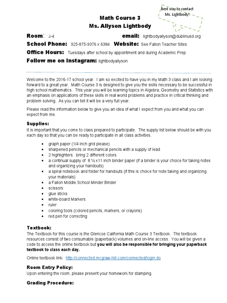 Math Course 3 Overview and Policies | PDF | Textbook | Homework
