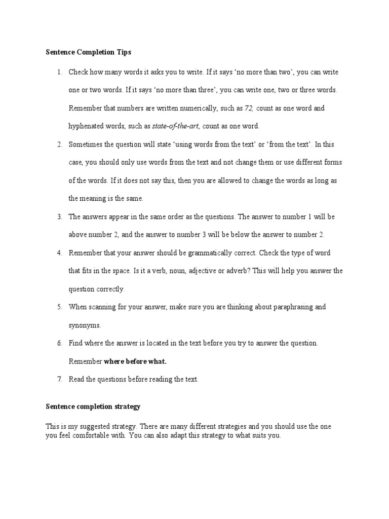 Sentence Completion Strategies Explained | PDF