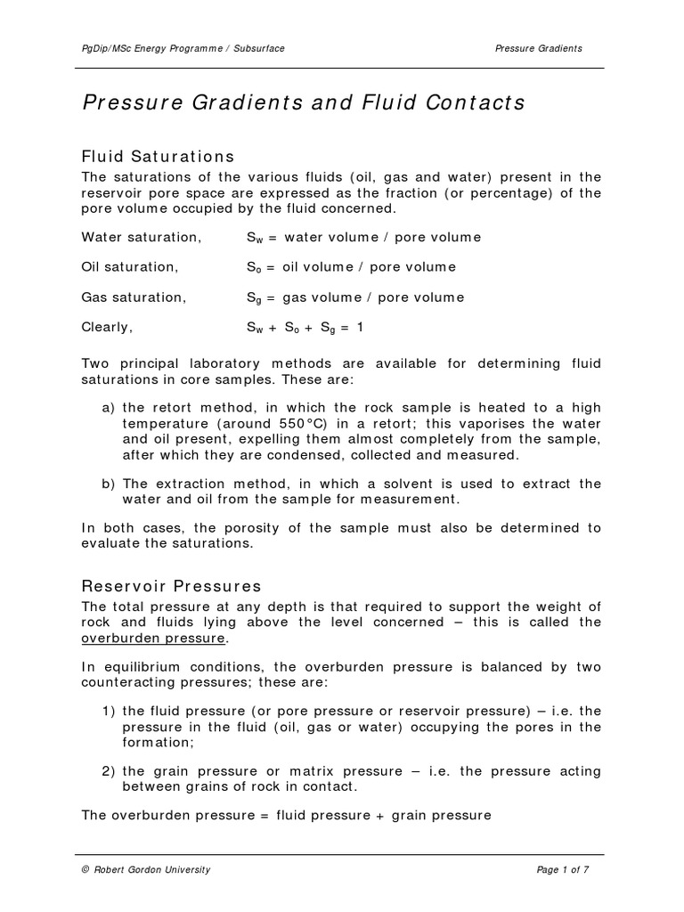 Pressure Gradients and Fluid Contacts PDF Petroleum Reservoir Porosity