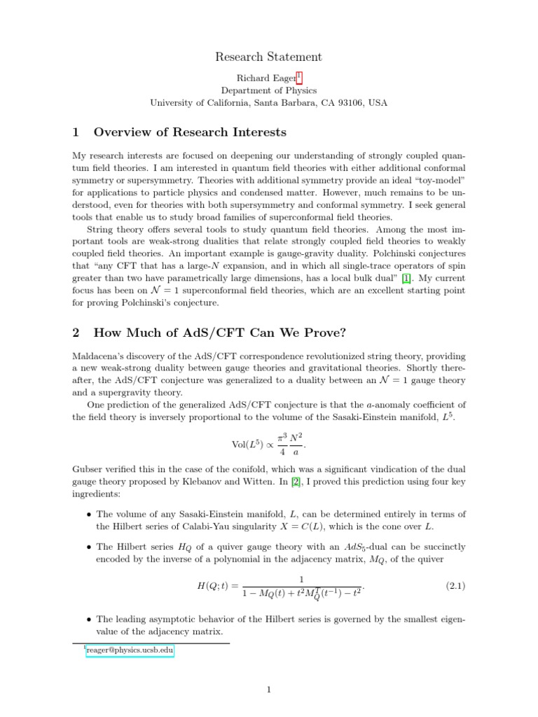 Research Statement: Reager@physics - Ucsb.edu | PDF | String Theory ...