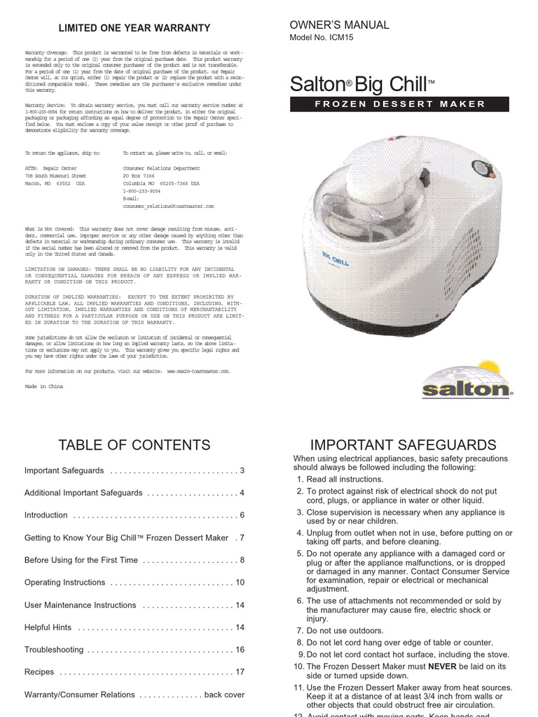 Salton Big Chill Ice Cream Maker ICM15 IB Ice Cream Refrigerator