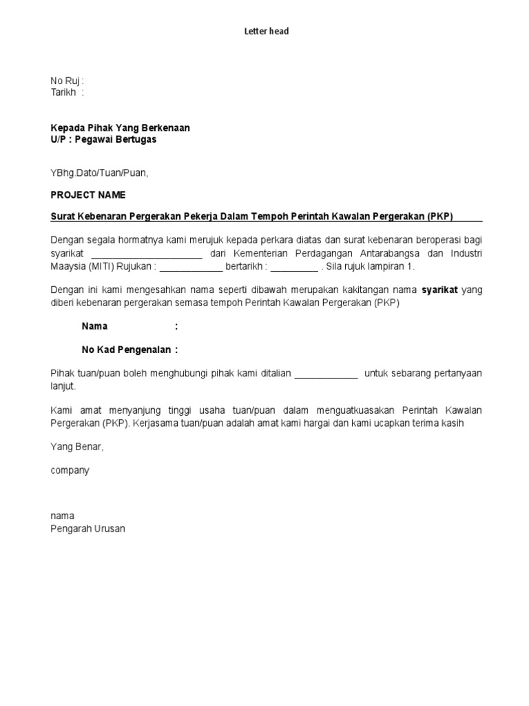 Contoh Surat Kebenaran Untuk Bekerja Semasa Pkp Terbaru - Letter Website