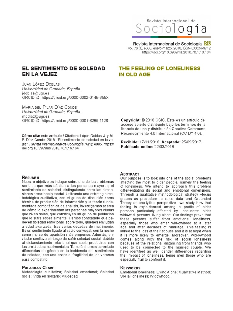 El Sentimiento de La Soledad en La Vejez | PDF | Soledad | Vejez