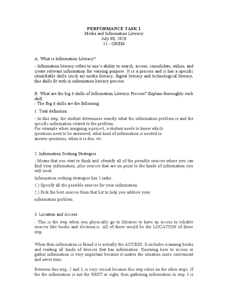 Performance Task 1 | PDF | Information Literacy | Literacy