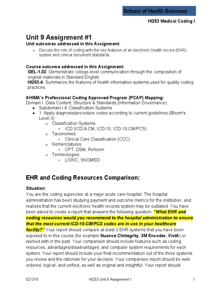 Unit 9 Assignment #1: EHR and Coding Resources Comparison | PDF ...