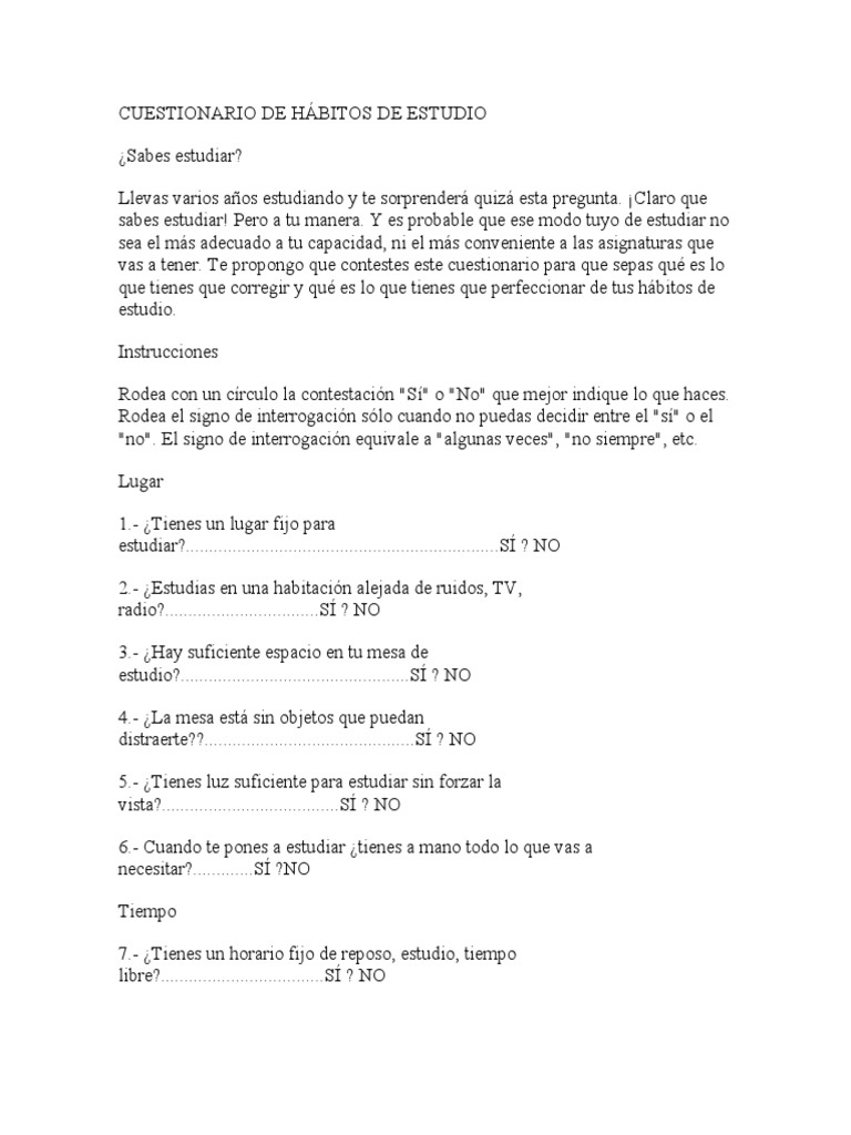 Cuestionario de Hábitos de Estudio | PDF | Crecimiento personal y ...