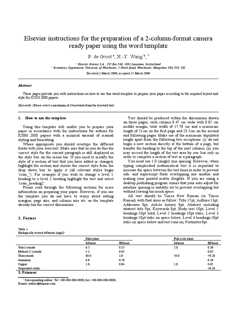 Elsevier Instructions For The Preparation of A 2ColumnFormat Camera Ready Paper Using The Word