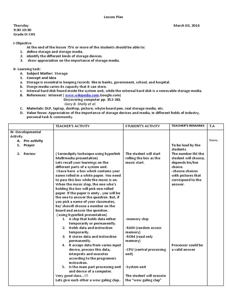 Lesson Plan in Computer Storage | PDF | Computer Data Storage | Usb ...