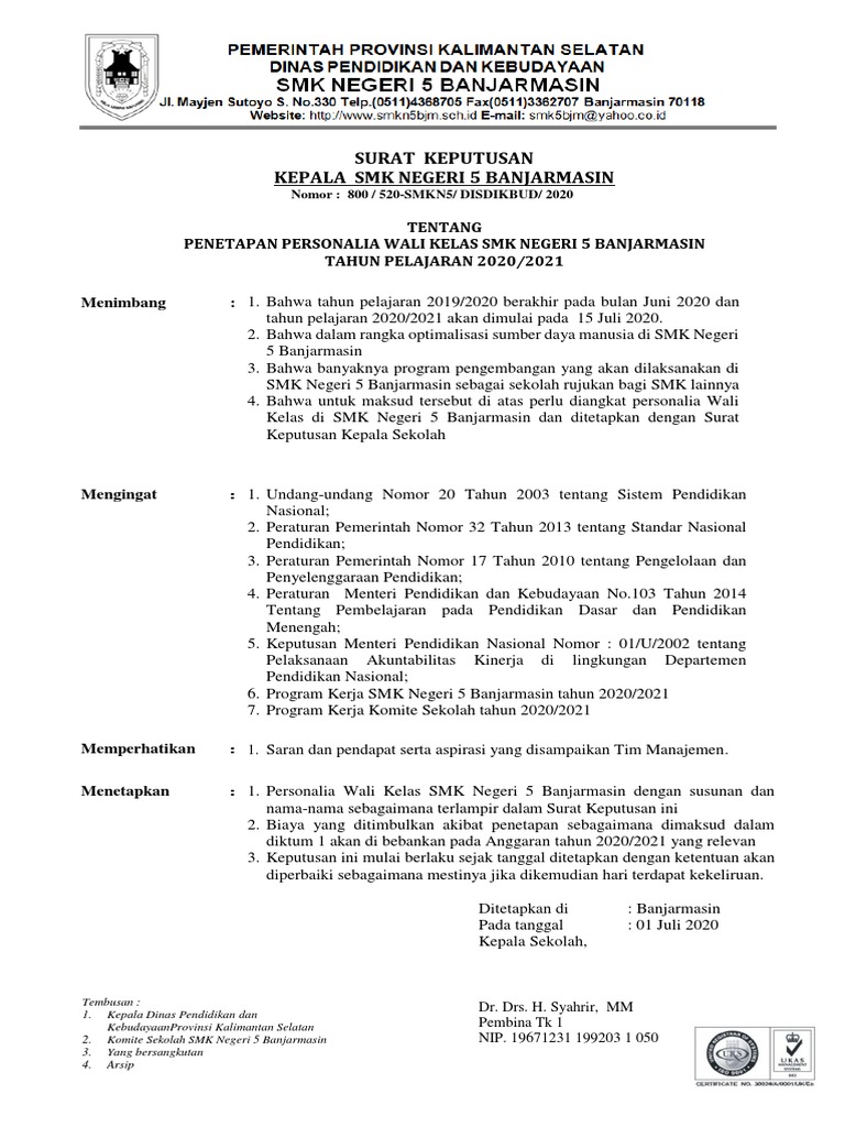 Sk Susunan Wali Kelas Smkn 5 2020 2021