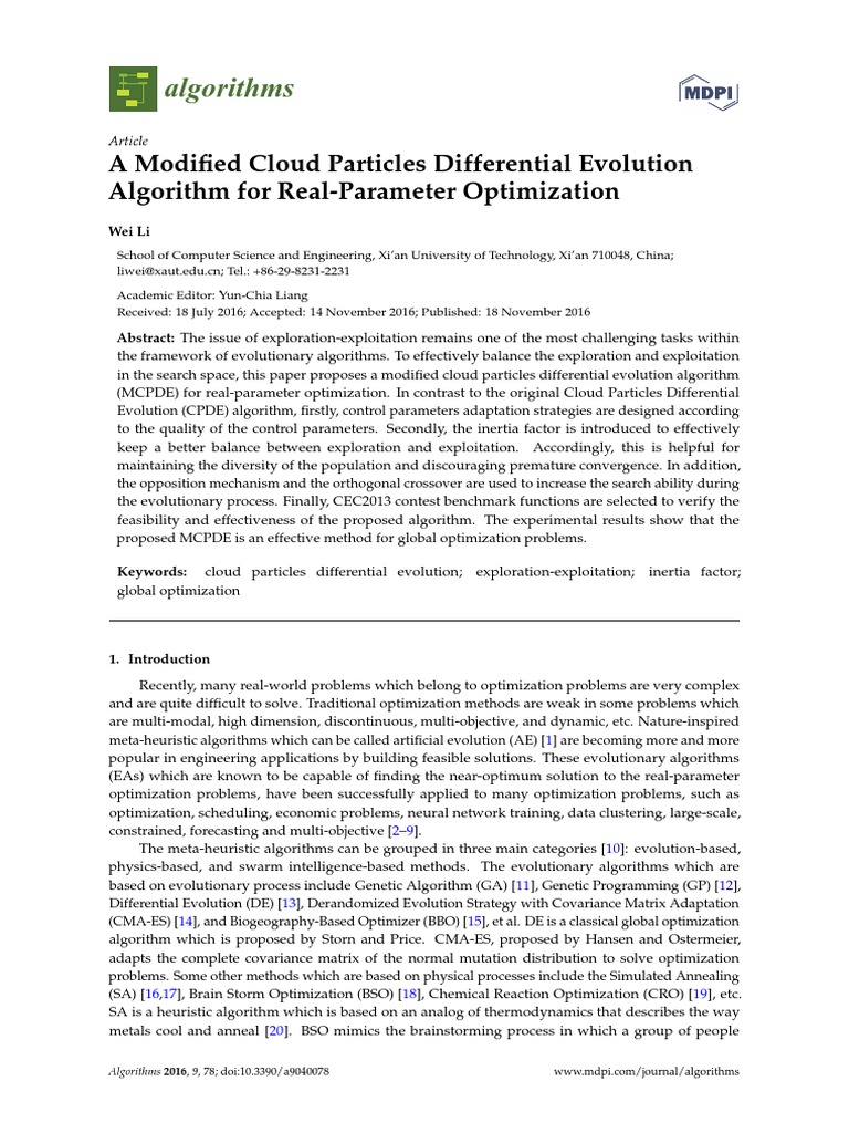 Algorithms: A Modified Cloud Particles Differential Evolution Algorithm ...