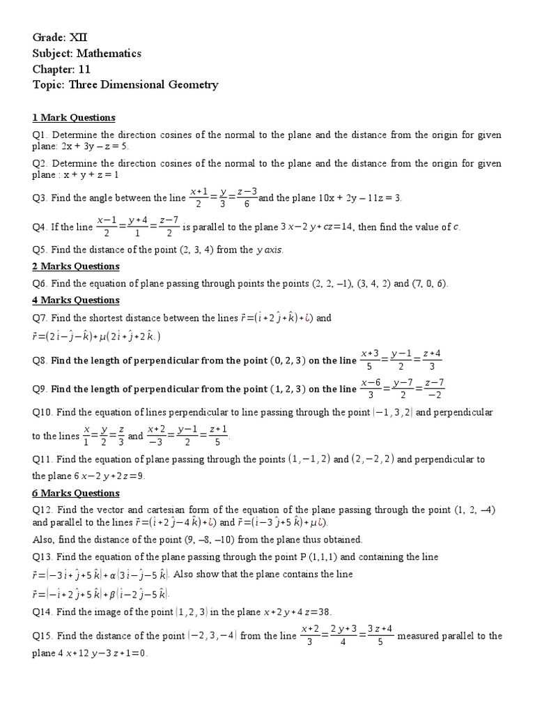 11 Three Dimensional Geometry | PDF | Plane (Geometry) | Algebra