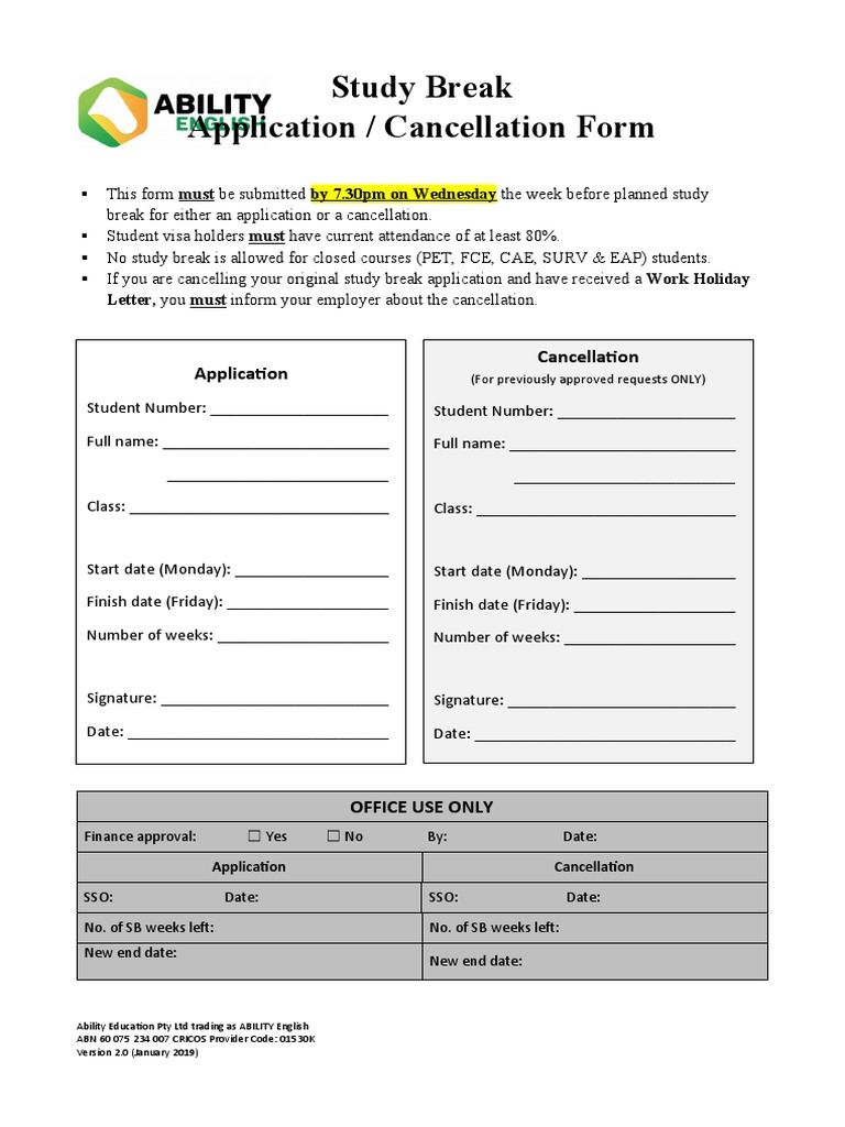 Study Break Application/Cancellation Form | PDF | Career & Growth ...