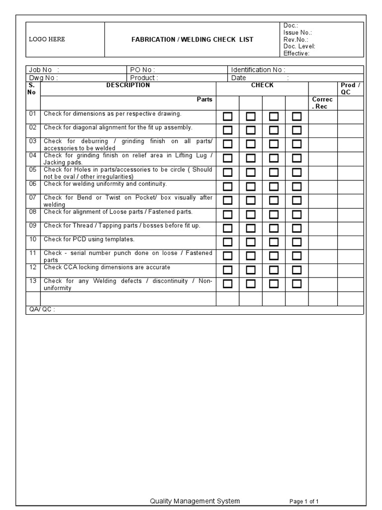 Welding Fabrication Checklist | PDF | Business Process | Metals