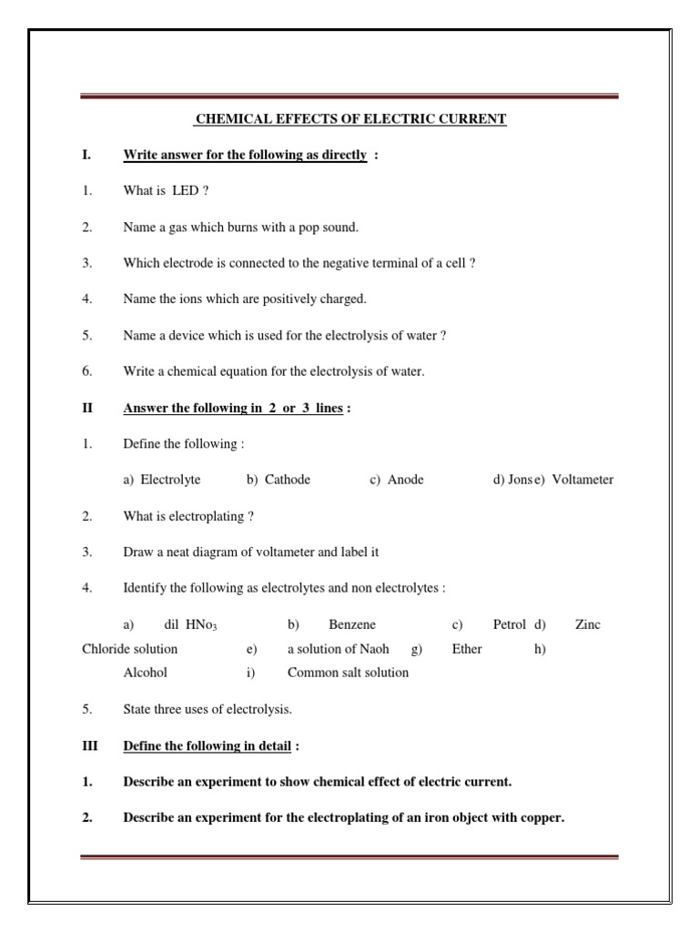 Class 8 Science Worksheet Chemical Effect Of Electric Current Part B