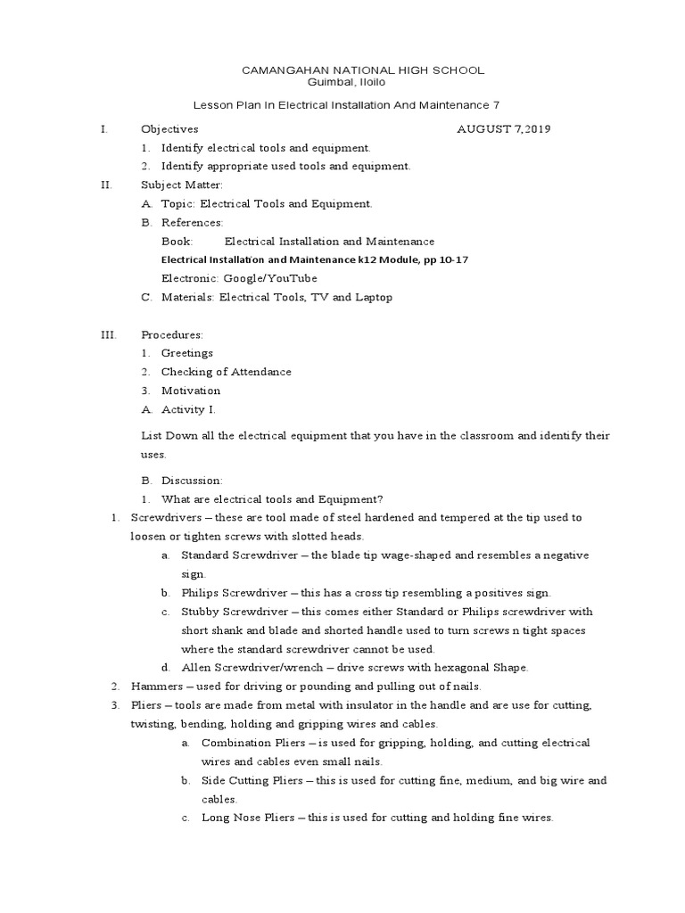 Tools and Equipment for Electrical Installation A Lesson Plan on