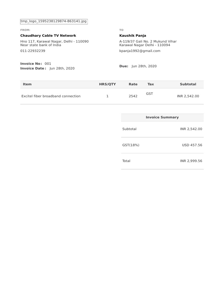 Chaudhary Cable TV Network Kaushik Panja: Invoice No: 001 Invoice Date ...
