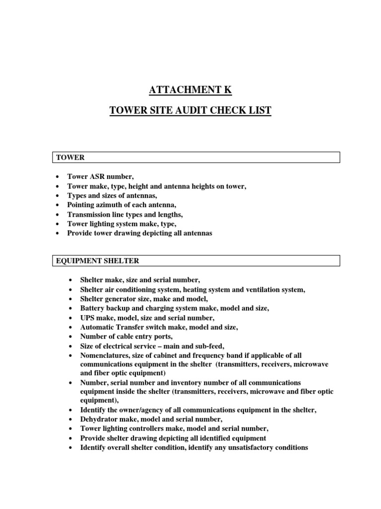 Telecom Tower Site Audit Checklist | PDF | Technology & Engineering