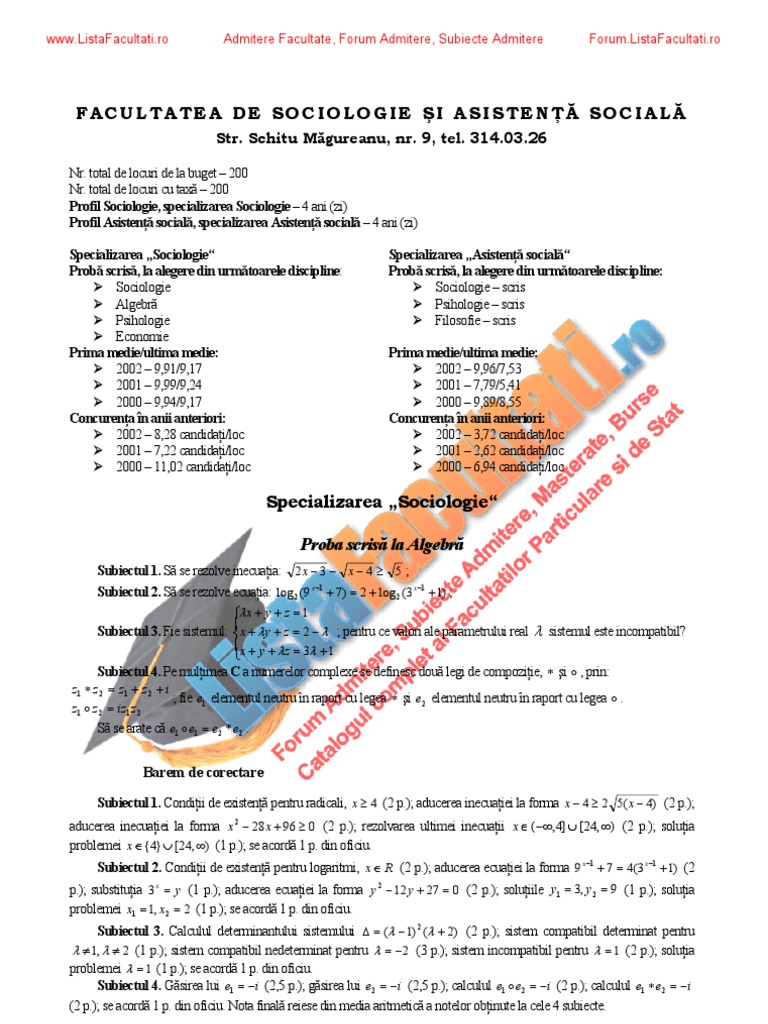 Listafacultati Ro Subiecte Admitere Universitatea Bucuresti Sociologie 2002