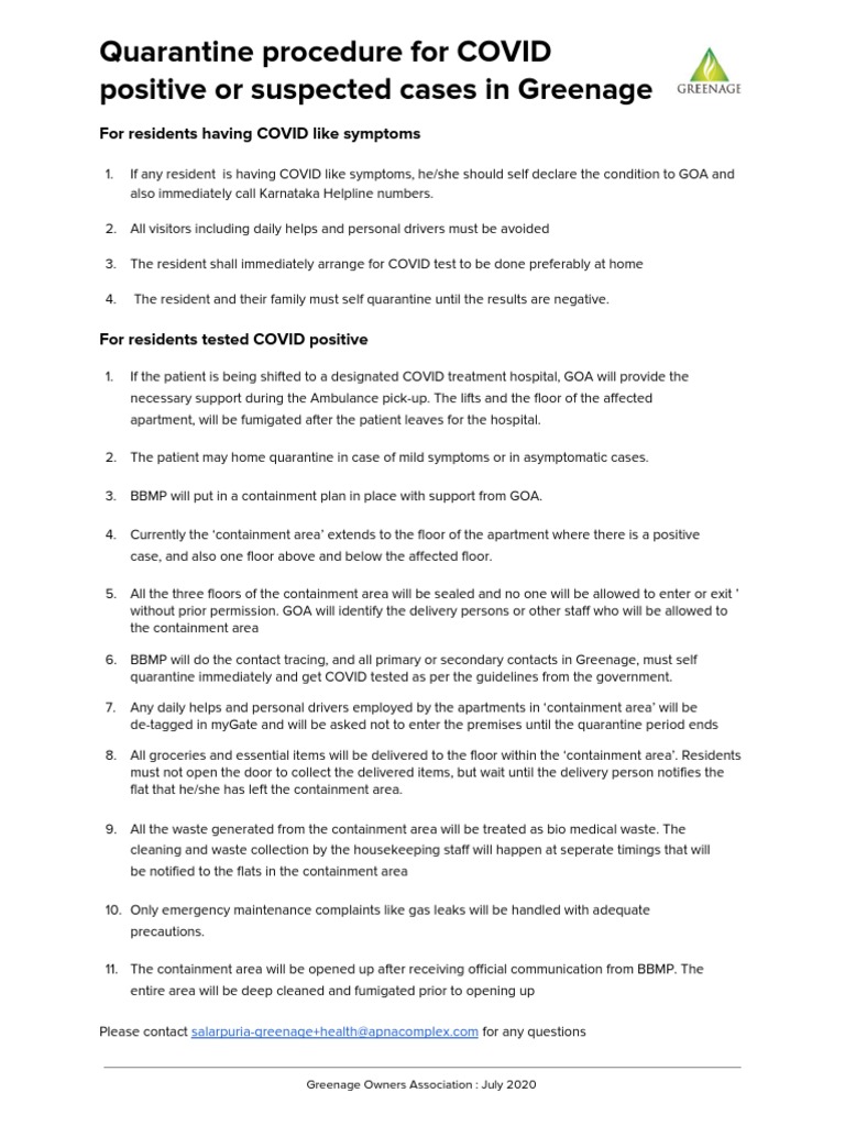 COVID Quarantine Guidelines for Greenage | PDF | Quarantine | Clinical ...