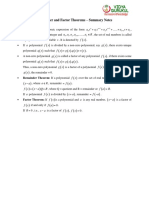 Remainder and Factor Theorems - Summary Notes: Polynomial: An Algebraic Expression of The Form