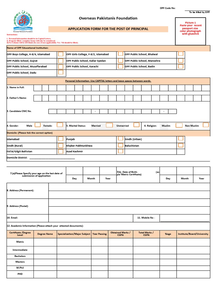 Overseas Pakistanis Foundation: Application Form For The Post of ...