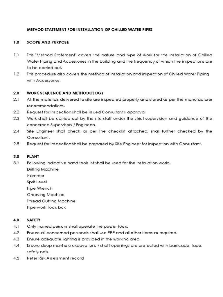 Method Statement For Chilled Water Pipes PDF | PDF | Pipe (Fluid ...