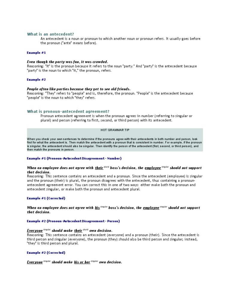 What Is An Antecedent | PDF | Pronoun | Grammatical Number