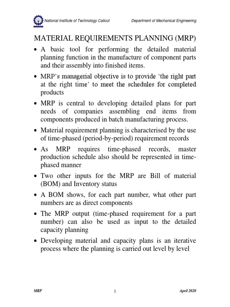 7 Material Requirements Planning PDF Business