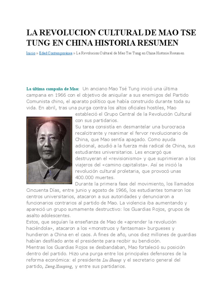 La Revolucion Cultural de Mao Tse Tung en China Historia Resumen | PDF ...