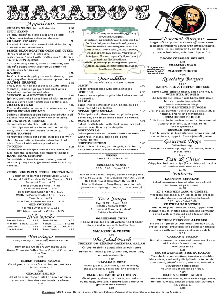Macado's Menu: Appetizers, Burgers, Entrees & More | PDF | Potato Chip ...