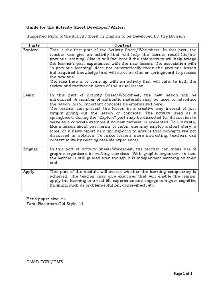 Proposed Parts of The ACTIVITY SHEET in English PDF Learning
