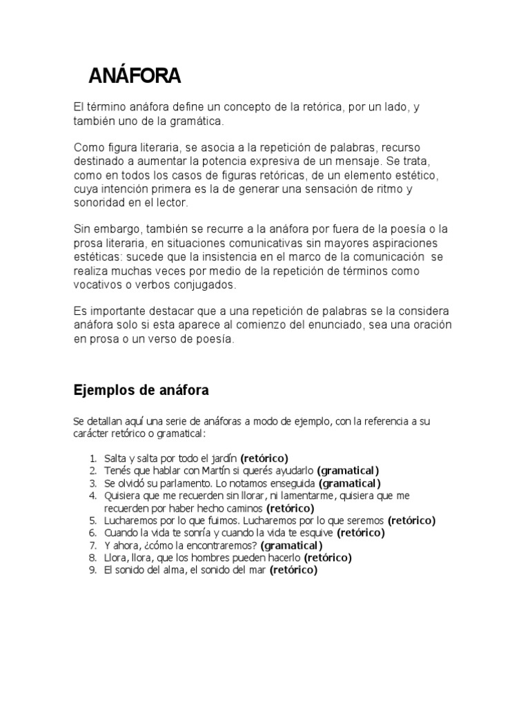 Ejemplos de anáfora en retórica | PDF | Retórica | Metáfora