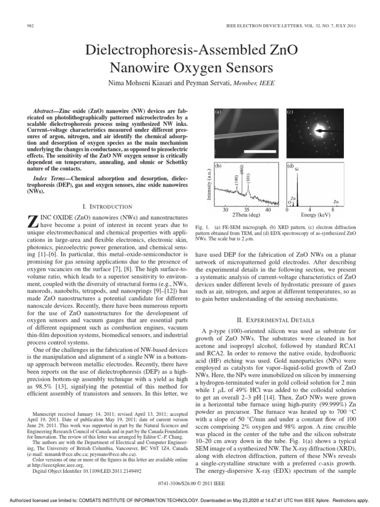 Zno Nanowires For Oxygen Sensors | PDF | Zinc Oxide | Nanowire