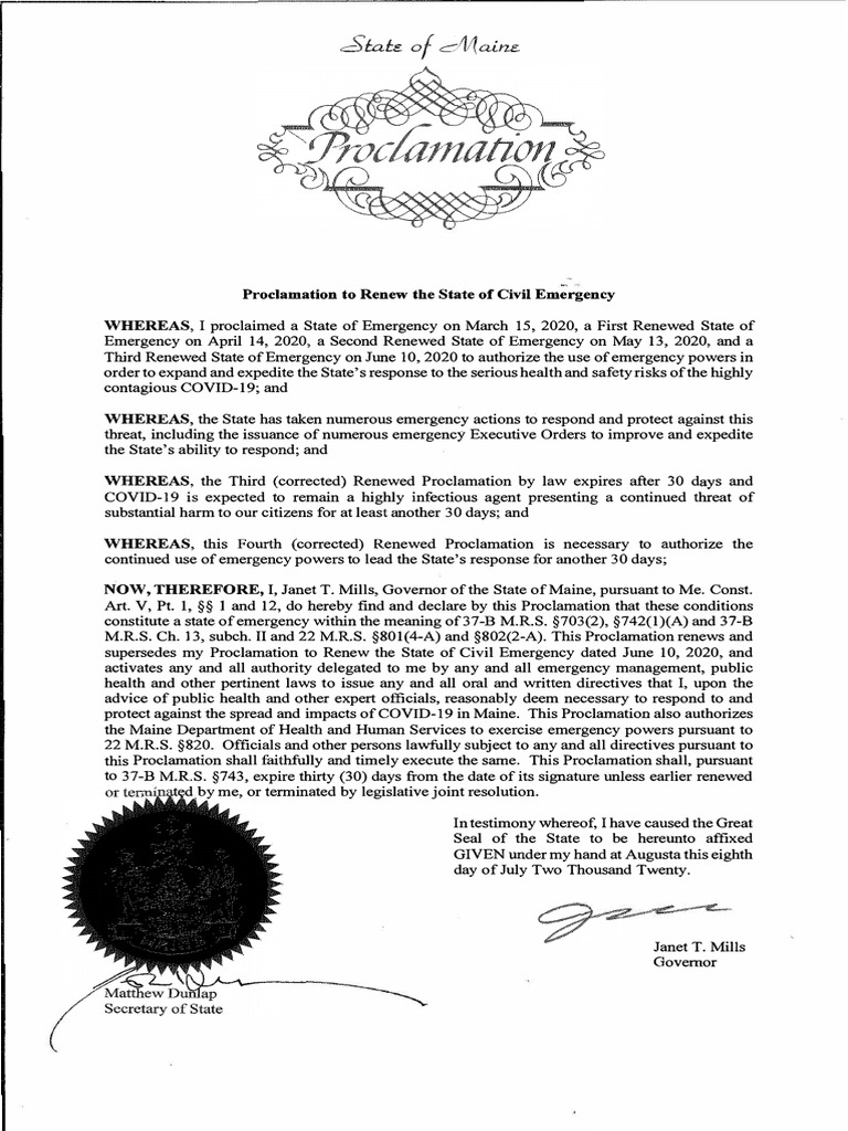 Proclamation To Renew The State of Civil Emergency - July 8 | PDF ...