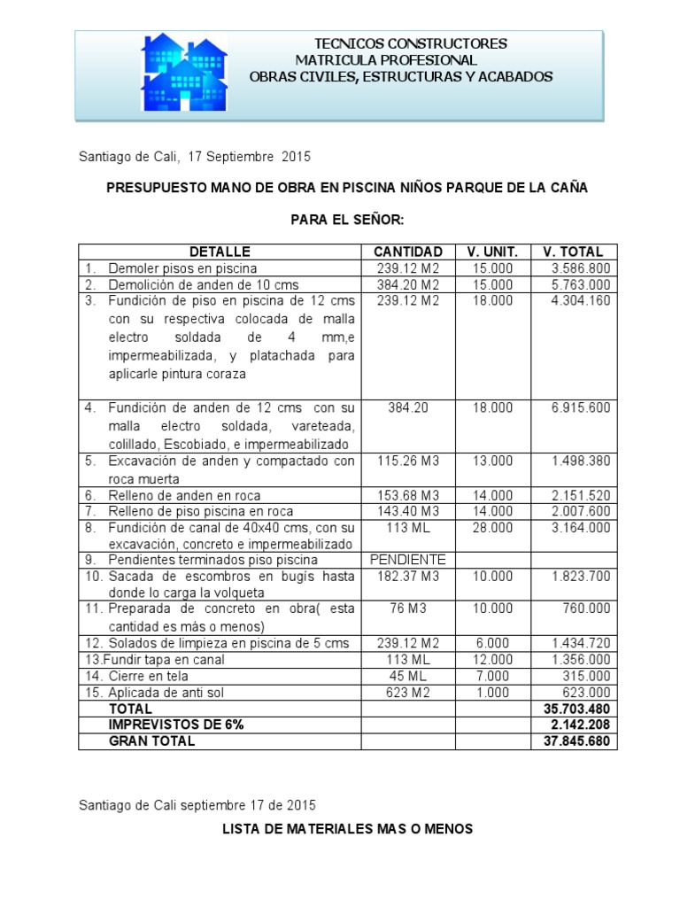 Presupuesto De Piscina