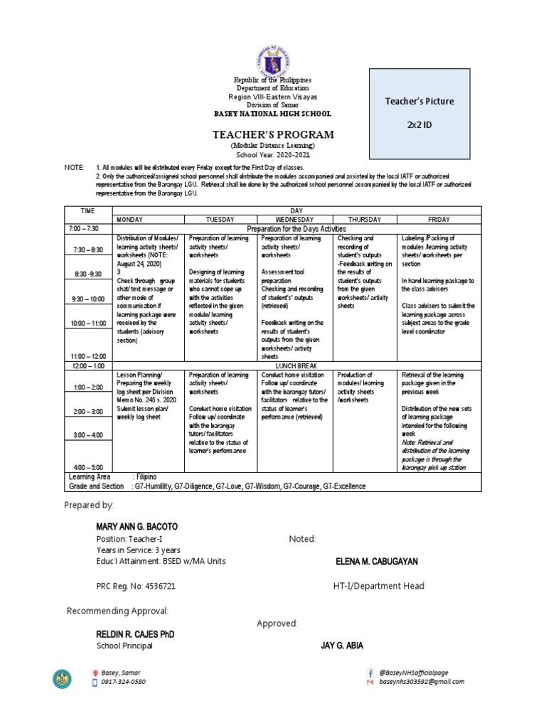 Class and Teachers Program Sample 2 | PDF | Worksheet | Education Theory