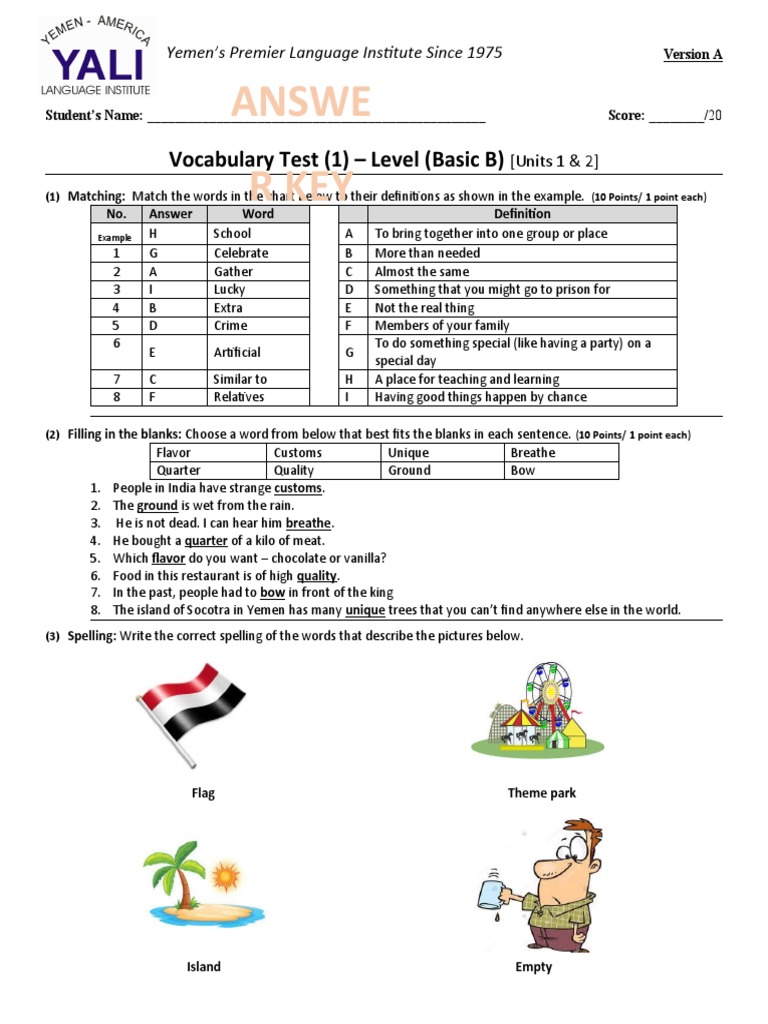 Answe R Key: Vocabulary Test (1) - Level (Basic B) | PDF | Vocabulary ...