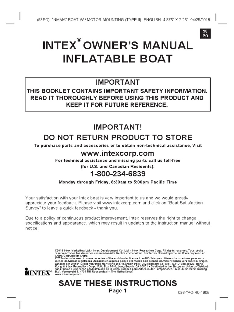 Intex Owner'S Manual Inflatable Boat Important PDF Propeller Leak